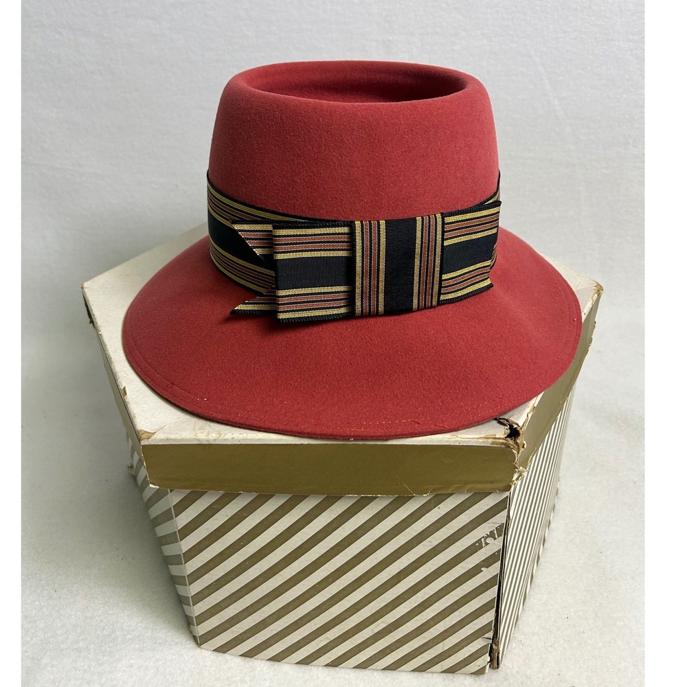 Vintage Frank Olive Frank's Girl Womens Red Wool Felt Hat Striped Ribbon Bow Box